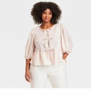 A New Day Women's Elbow Sleeve Peplum Tie-Front Blouse Beige Striped